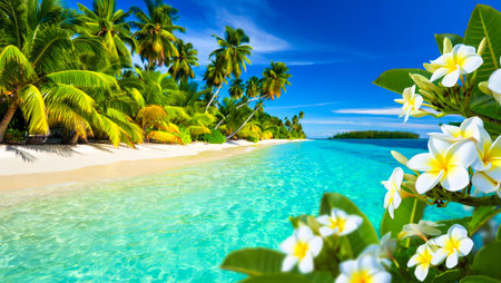 A pristine tropical beach with crystal clear turquoise water, lush palm trees, and vibrant white flowers in the foreground.の素材