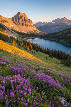 Golden sunrise light bathes a mountain landscape with a serene lake and vibrant purple wildflowers in the foreground.の素材