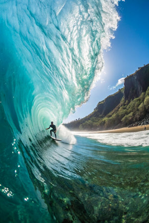 A lone surfer skillfully navigates the hollow tube of a massive, translucent blue wave with a lush green coastline visible.の素材