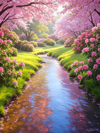 A picturesque stream flows through a lush green landscape adorned with vibrant pink cherry blossoms and blooming hydrangeas.の素材