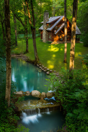 A rustic log cabin nestled in a lush green forest beside a clear, flowing spring with small waterfalls.の素材