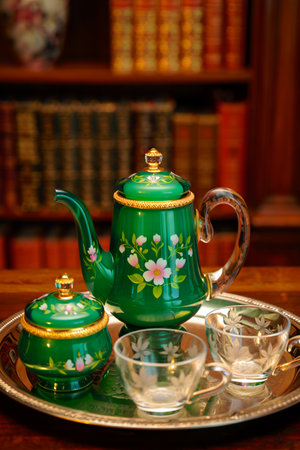 A vintage green ceramic teapot, sugar bowl, and two glass teacups sit on a polished silver tray, with bookshelves in the background.の素材