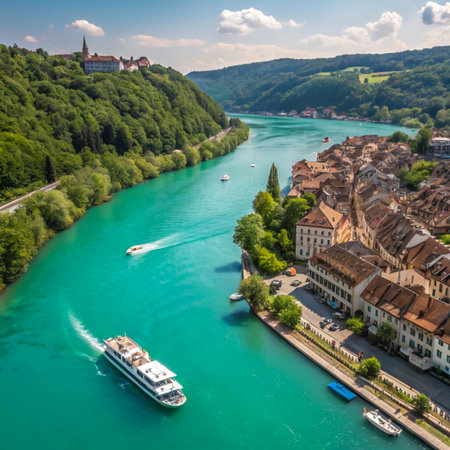 An aerial perspective captures a vibrant turquoise river flowing past a historic European town nestled beside verdant, tree-covered hills.の素材