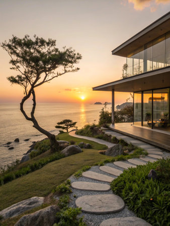 A stunning modern house with large windows sits on a cliff overlooking the ocean at sunset, with a Japanese garden path.の素材