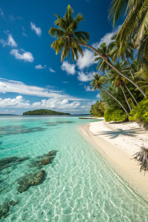 A breathtaking tropical beach scene with white sand, crystal clear turquoise water, lush palm trees, and a distant island under a blue sky.の素材