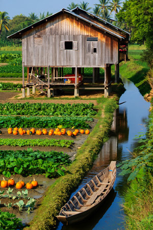 A weathered wooden stilt house sits beside a vibrant green farm with rows of produce and a traditional boat in a canal.の素材