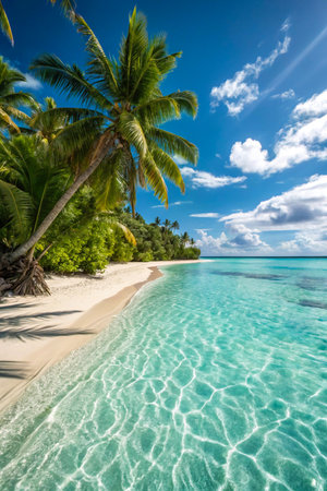 A serene tropical beach with white sand, lush green palm trees, and incredibly clear turquoise ocean water under a bright blue sky.の素材