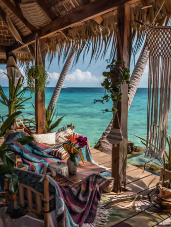 A serene beach hut with vibrant textiles and a vase of flowers overlooks a stunning turquoise ocean and blue sky.の素材
