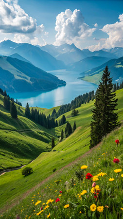 A breathtaking panoramic view of rolling green hills, dotted with wildflowers, leading to a calm blue lake and distant mountains.の素材