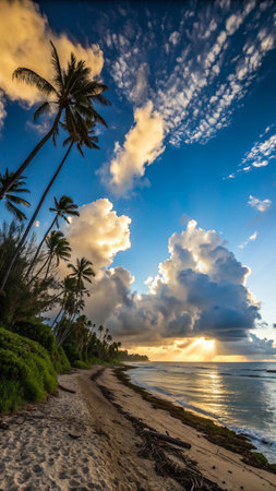 A vibrant sunrise casts golden light on a sandy beach, illuminating palm trees and a dramatic sky filled with clouds over the ocean.の素材