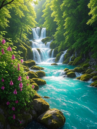 A vibrant, cascading waterfall flows through a dense, green forest into a clear turquoise river, with pink flowers blooming on the bank.の素材