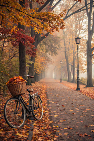 A vintage bicycle with a basket full of autumn leaves rests on a leaf-covered path in a misty park.の素材