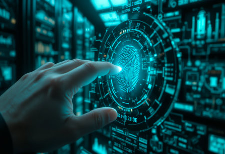 Human hand interacting with futuristic digital fingerprint scanner interfaceの素材