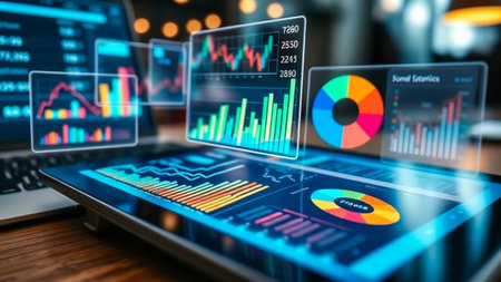 Futuristic digital dashboard displaying financial data and chartsの素材