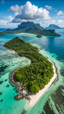 An aerial view of a vibrant green tropical island surrounded by crystal clear turquoise waters, with majestic mountains in the background.の素材