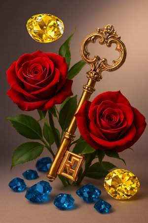 A vintage golden key rests amongst vibrant red roses and scattered blue and yellow gemstones, evoking a sense of mystery and luxury.の素材