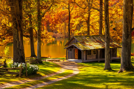 A charming wooden cabin sits peacefully amidst a forest ablaze with the warm, rich colors of autumn foliage.の素材