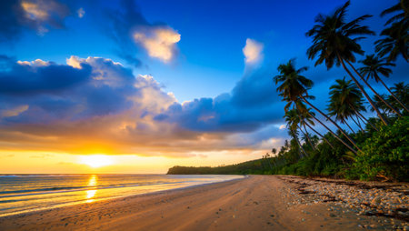 A vibrant sunset paints the sky with golden hues over a serene tropical beach lined with lush palm trees.の素材