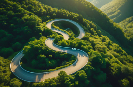 Serpentine mountain road winding through lush green forest landscapeの素材