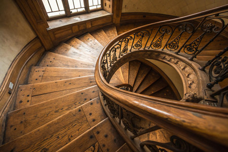 A detailed view of a vintage wooden spiral staircase with intricate carvings and a wrought iron railing.の素材