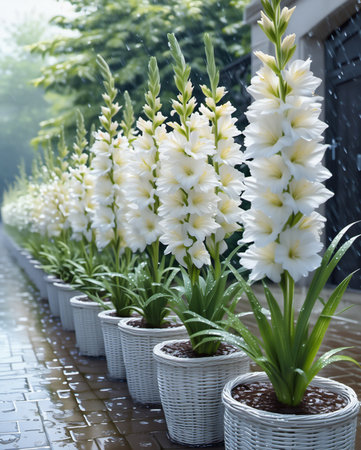 A row of potted white flowers with tall spikes of blooms stand in decorative pots on a wet paved surface.の素材