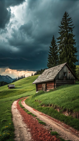 A dirt road winds towards a weathered wooden cabin nestled on a green, rolling hillside beneath a stormy, cloud-filled sky.の素材