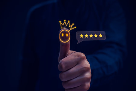 Excellent customer satisfaction with a five star rating and happy faceの素材