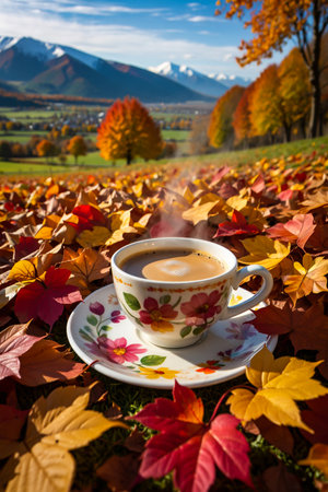 A hot cup of coffee sits on a saucer surrounded by colorful fallen autumn leaves with a scenic mountain backdrop.の素材