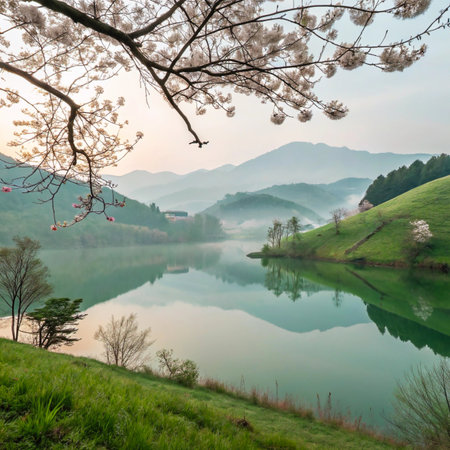 A tranquil lake mirrors rolling green hills and delicate spring blossoms under a soft, misty sky.の素材