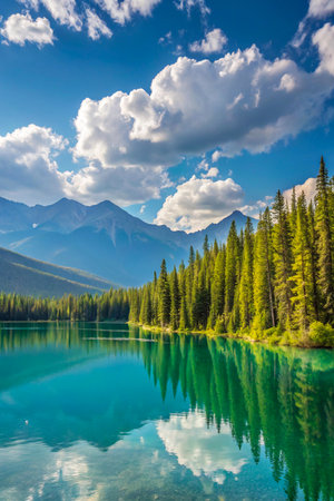 A stunning turquoise lake reflects a vibrant blue sky with fluffy white clouds and majestic mountains.の素材