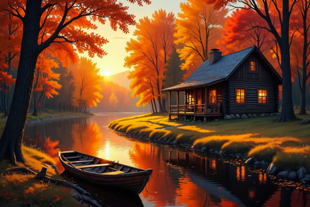 A rustic wooden cabin with glowing windows sits beside a calm river reflecting the warm, fiery colors of an autumn forest.の素材