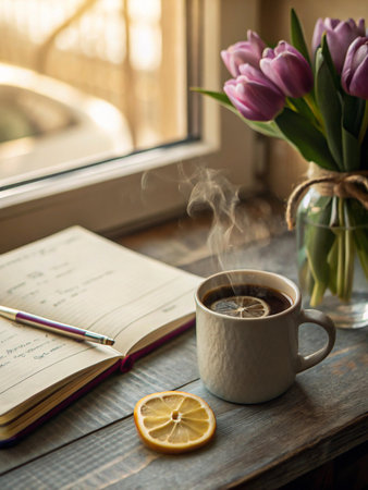 A steaming mug of coffee sits beside an open book and a vase of purple tulips, bathed in soft window light.の素材