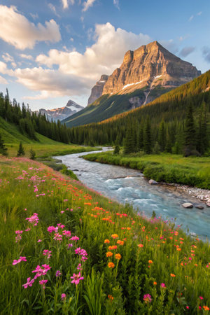 A vibrant mountain landscape with a flowing river, lush green meadows, and blooming wildflowers under a dramatic sunset sky.の素材