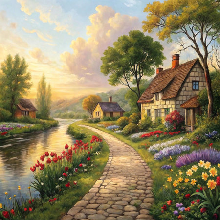 A picturesque oil painting of a charming cottage nestled beside a tranquil river, surrounded by vibrant flowers and trees.の素材