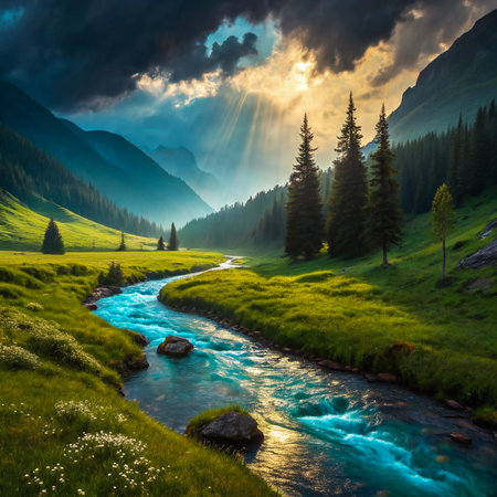 A vibrant mountain valley with a winding river, illuminated by dramatic sunbeams breaking through dark, cloudy skies.の素材
