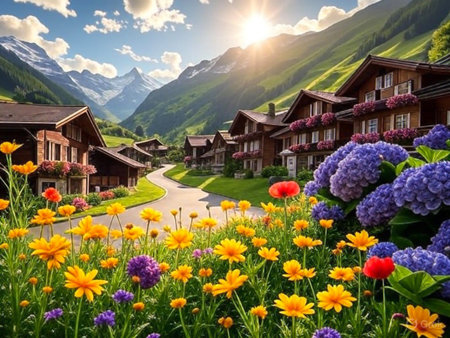 A picturesque Swiss village nestled in a valley, bathed in golden sunlight, surrounded by blooming flowers and towering peaks.の素材