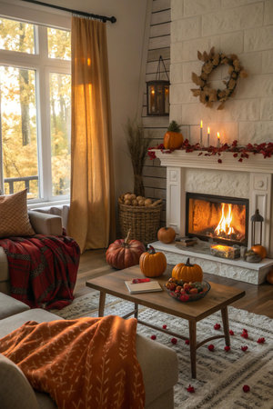 A warm and inviting living room decorated for fall, featuring a crackling fireplace, pumpkins, and autumnal accents.の素材