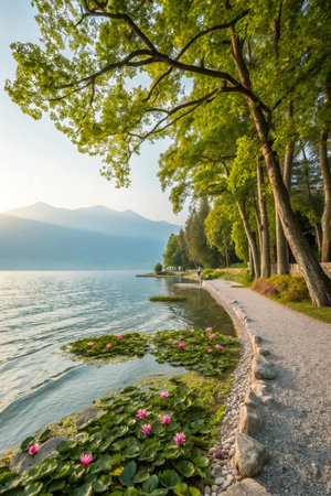 A serene natural landscape featuring a calm lake with water lilies, a paved path, and a canopy of vibrant green trees.の素材