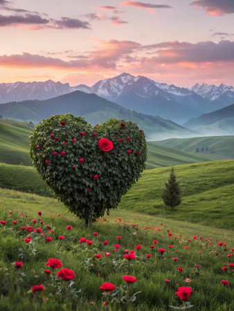 A unique heart-shaped tree stands in a lush green field with red poppies and distant misty mountains at sunrise.の素材