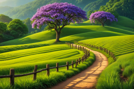 A winding dirt path leads through lush green rolling hills, bordered by a rustic fence and vibrant purple jacaranda trees.の素材