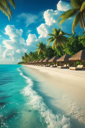 A serene tropical beach with turquoise water, white sand, palm trees, and empty lounge chairs under umbrellas.の素材