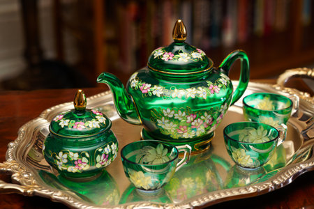 A beautiful vintage green glass teapot, sugar bowl, and cups adorned with delicate floral patterns sit on a silver tray.の素材