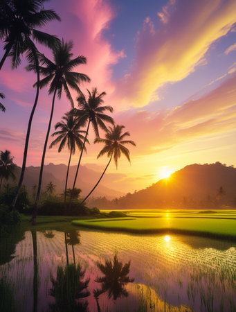 A breathtaking sunset paints the sky with vibrant colors over lush green rice fields and silhouetted palm trees, their reflections shimmering.の素材