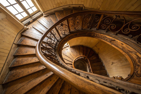 A vintage wooden spiral staircase with intricate metal railings, bathed in soft light from a large window above.の素材