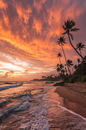 Dramatic orange and red sunset paints the sky over a tranquil beach with silhouetted palm trees and gentle waves.の素材