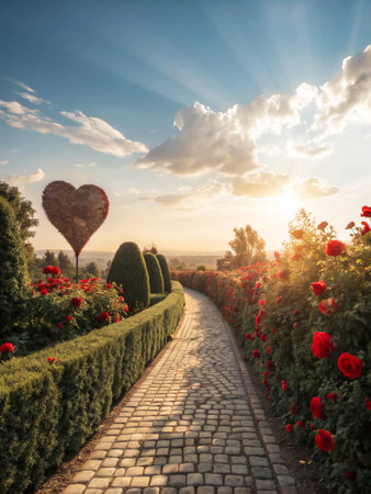 A cobblestone path winds through a lush garden with roses and hedges, leading towards a large heart sculpture under a golden sunset sky.の素材