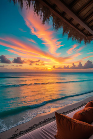 A stunning sunset paints the sky with fiery colors reflecting on the tranquil ocean, viewed from a beachside resort.の素材
