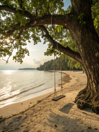 A peaceful scene of a wooden swing hanging from a large tree on a sandy beach, with calm ocean waves and a warm sunset.の素材