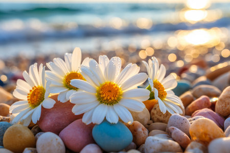 Close-up of white daisies with orange centers nestled among smooth, colorful pebbles on a beach with the ocean and sunset in the background.の素材