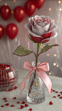 A shimmering rose in a crystal vase, adorned with a pink bow, surrounded by Valentine's Day decor.の素材
